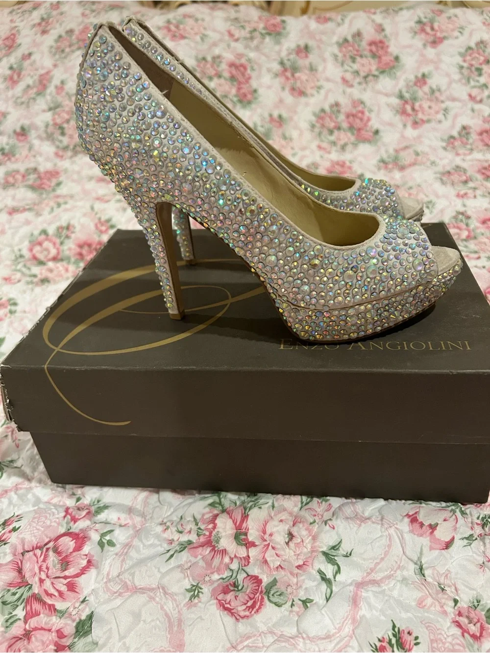 Enzo Angiolini Ivory Crystal Peep-Toe Pumps